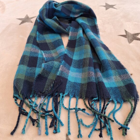 James Pringle Weavers Unisex Turquoise Fusion Blue Plaid Tartan Fringe Scarf 59" - Picture 1 of 5